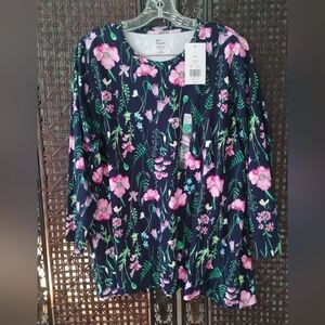 Kim Rogers 100% XXL WOMENS Top Navy Pink Flowers Greenery 3/4 Sleeves